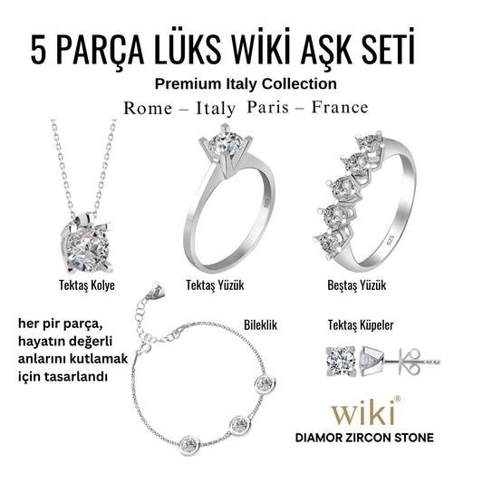 5'li Lüks Aşk Takı Seti 925 Ayar Gümüş -18 Ayar Altın Kaplama - İtalya Üretim