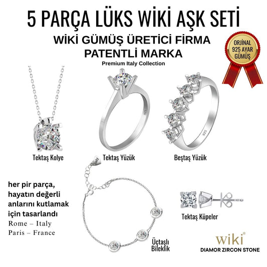5'li Lüks Aşk Takı Seti 925 Ayar Gümüş -18 Ayar Beyaz Altın Kaplama - İtalya Üretim