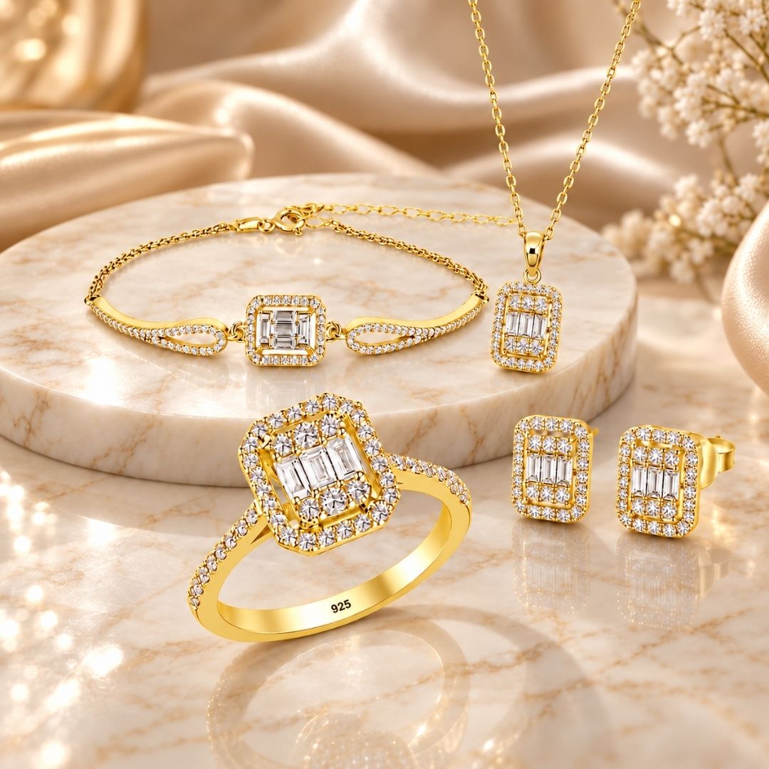 4'lü Baget Set – 925 Ayar Gümüş Lüks Set - 18 Ayar Altın Kaplama